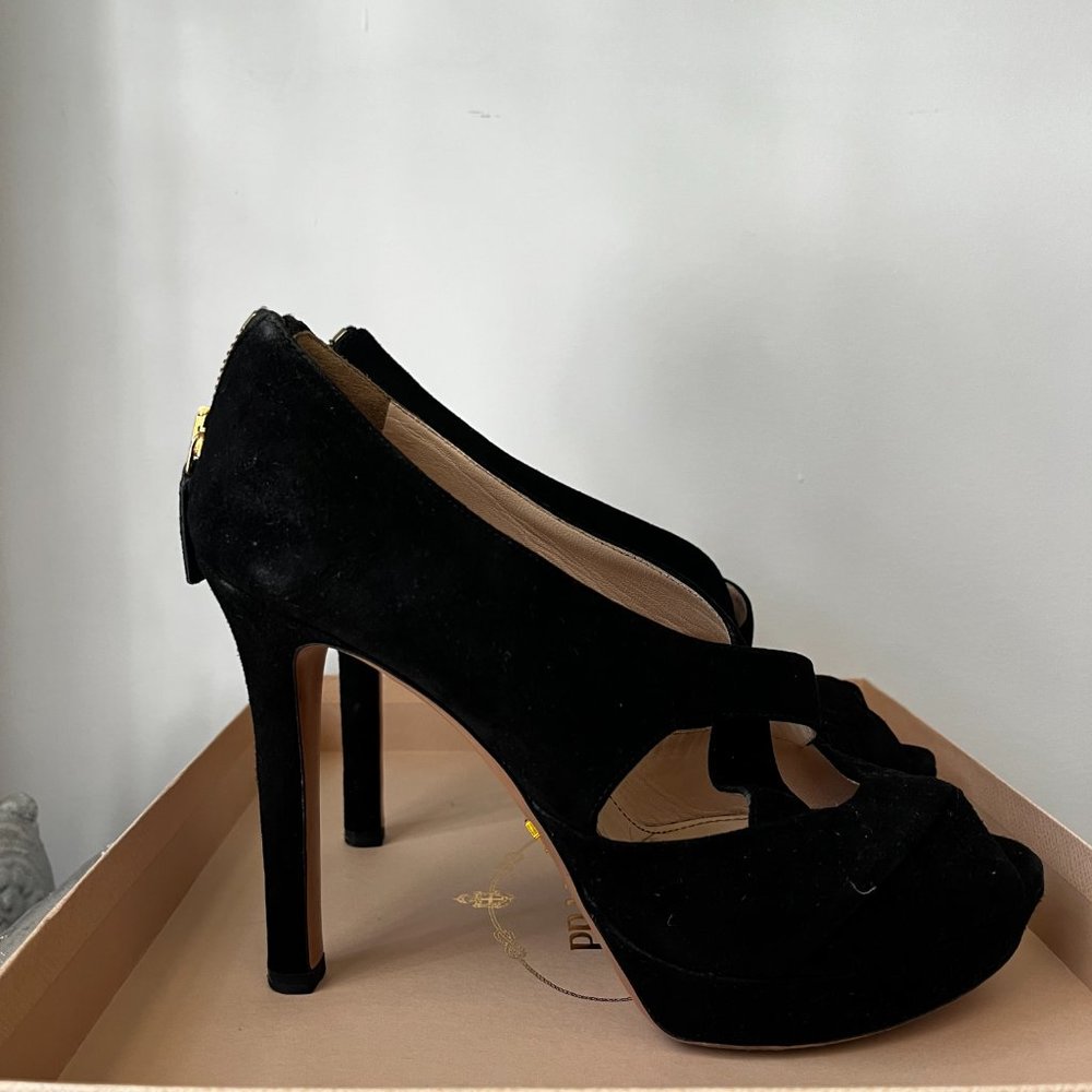 Prada Black Suede Iris Crisscross Peep Toe Pump WITH BOX and dust bag 7.5 - Picture 4 of 10